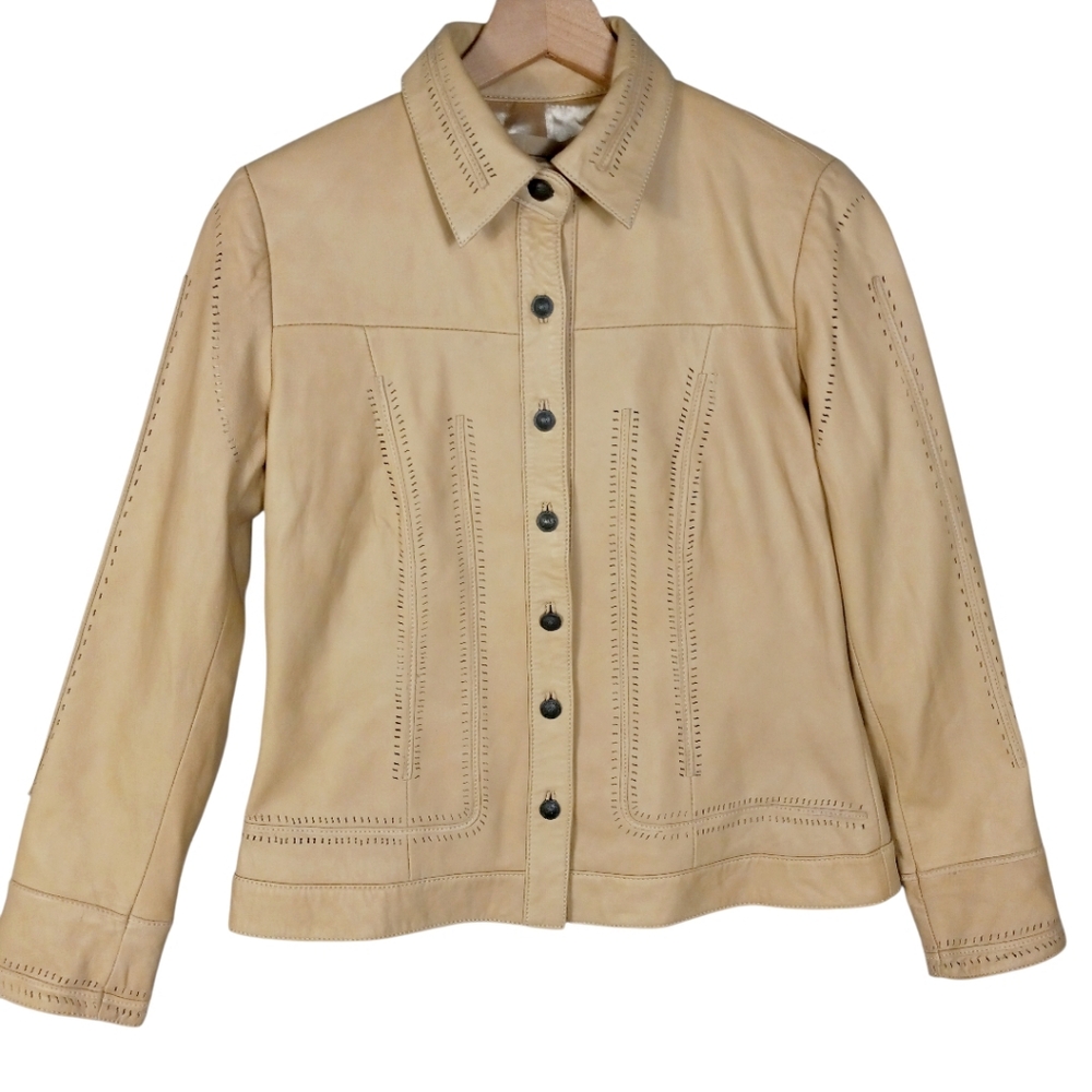 CHICOS FAUX LEATHER Jacket With Intricate Perforated Design Size 8